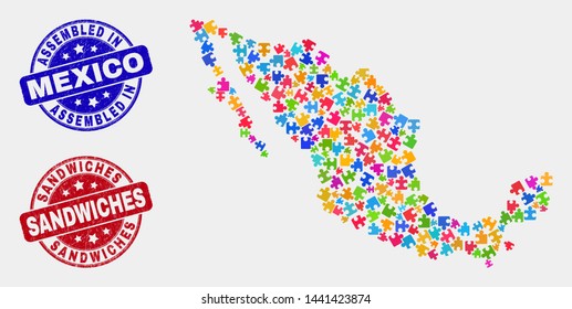 Puzzle Mexico map and blue Assembled seal stamp, and Sandwiches distress seal stamp. Bright vector Mexico map mosaic of bundle. Red round Sandwiches stamp.