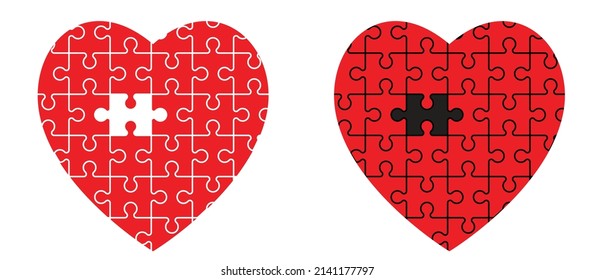 Puzzle With A Missing Piece. Love, Heart Jigsaw Puzzle Pieces Line Pattern. Puzzle Pieces Icon Or Pictogram. Cartoon Vector. For 14 February, Valentine, Valentines Day