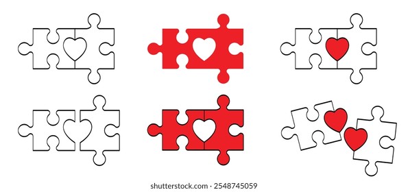 puzzle with a missing piece. Love, heart jigsaw puzzle pieces line pattern. Puzzle pieces icon or pictogram. Cartoon vector. Fot 14 february, valentine, valentines day