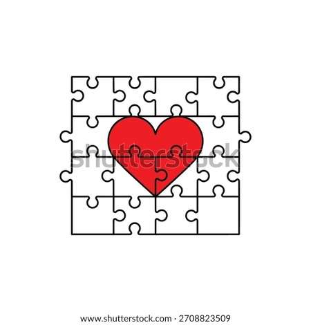 puzzle with a missing piece. Love, heart jigsaw puzzle pieces line pattern. Puzzle pieces icon or pictogram. Cartoon vector. For 14 february, valentine, valentines day