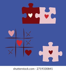 Rompecabezas con una pieza faltante, tic-tac-toe. Amor, corazón rompecabezas piezas de rompecabezas línea patrón. Icono o pictograma de piezas de rompecabezas. Vector de dibujos animados. Para el 14 de febrero, San Valentín, día de San Valentín