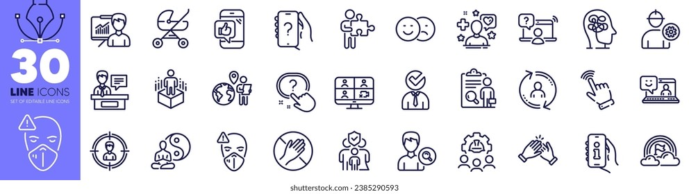 Puzzle, Mobile like and Medical mask line icons pack. Headhunting, Smile, Cursor web icon. Inspect, Stress, Augmented reality pictogram. Ask question, Support, Lgbt. Engineer, Vacancy. Vector