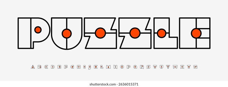 Puzzle modular alphabet, outlined geometric font with red ball. Typescript for creative mental game branding, logic-based play typography, abstract typographic gaphic design. Vector typeset