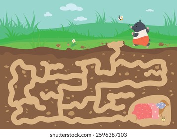 Puzzle with mole. Children play location with underground roads and wild rodent hole with bed. Help animal find right way to home, nowaday vector scene