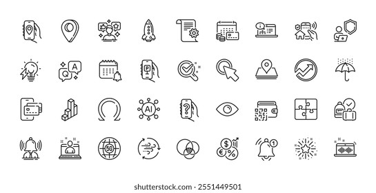 Puzzle, Money calendar and Chemistry lab line icons pack. AI, Question and Answer, Map pin icons. Online documentation, Qr code, Inflation web icon. Vector