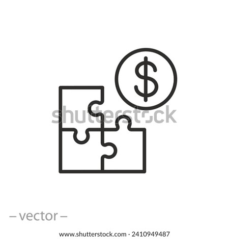 puzzle with money icon, payment in installments concept, pay in parts solution, share installment plan, thin line symbol - editable stroke vector illustration