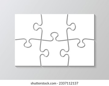 Puzzle mosaic layout with 6 details. Jigsaw pieces grid. Laser cut template. Layout of thinking mosaic game. White modern background. Infographic diagram. Vector illustration.