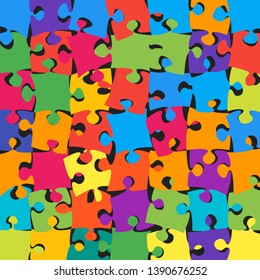 Puzzle multicolor background, banner, blank. Vector jigsaw section template. Scattered puzzle colorful pieces details, tiles, parts. Square abstract jigsaw. Game group detail.