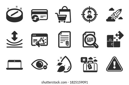 Puzzle, Myopia and Travel luggage icons simple set. Resilience, Attachment and Laptop signs. Change card, Check article and Seo marketing symbols. Water drop, Headhunting and Medical tablet. Vector