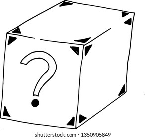 Puzzle mysterious box icon vector. Doodle sketch design. Black and white color.