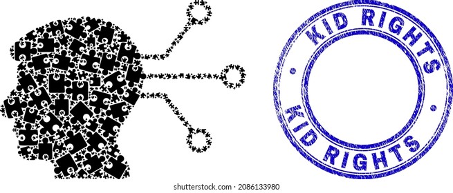 Icono de mosaico de interfaz neural rompecabezas con marca de agua Derechos de Niños. Marca de agua texturada redonda de vector azul con la leyenda Derechos del niño. Composición abstracta del icono de la interfaz neural combinado de elementos del rompecabezas.