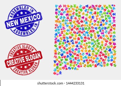 Puzzle New Mexico State map and blue Assembled seal stamp, and Creative Slogan textured seal stamp. Colorful vector New Mexico State map mosaic of bundle connectors. Red round Creative Slogan rubber.