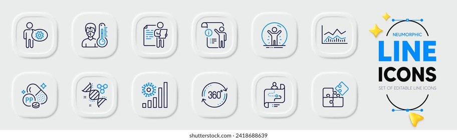 Puzzle, Niacin and Full rotation line icons for web app. Pack of Trade infochart, Thermometer, Journey path pictogram icons. Chemistry dna, Recovered person, Manual doc signs. Vector
