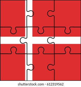 Puzzle with nine complete flat design style modern vector clean simple like background simple national Denmark flag illustration on white & red color with black line or outline Jigsaw.