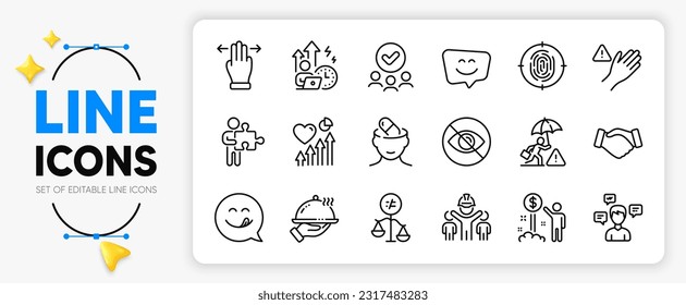 Puzzle, Not looking and Multitasking gesture line icons set for app include Yummy smile, Approved group, Difficult stress outline thin icon. Engineering team, Heart beat. Vector