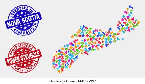 Puzzle Nova Scotia Province map and blue Assembled seal, and Power Struggle distress seal stamp. Colorful vector Nova Scotia Province map mosaic of puzzle parts. Red rounded Power Struggle seal.