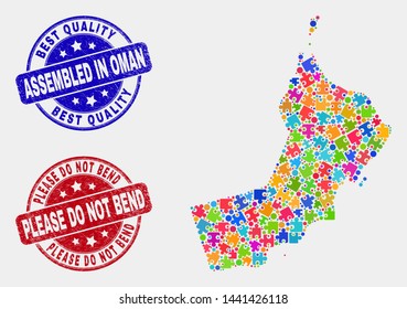 Puzzle Oman map and blue Assembled seal, and Please Do Not Bend textured seal stamp. Colored vector Oman map mosaic of plug-in connectors. Red round Please Do Not Bend seal.