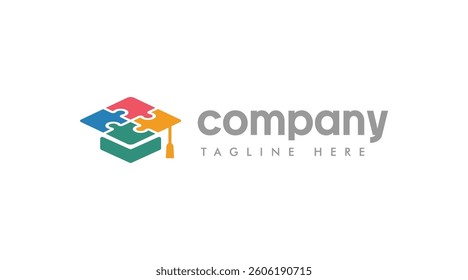 a puzzle on college graduation mortarboard square academic cap hat for education company brand business logo template