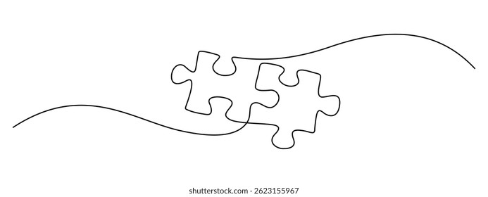 Quebra-cabeça em um desenho de linha contínua. Quebra-cabeça com duas peças é conceito de trabalho em equipe em estilo linear simples. Símbolo comercial e de equipe em Traço editável. Ilustração de vetor minimalista