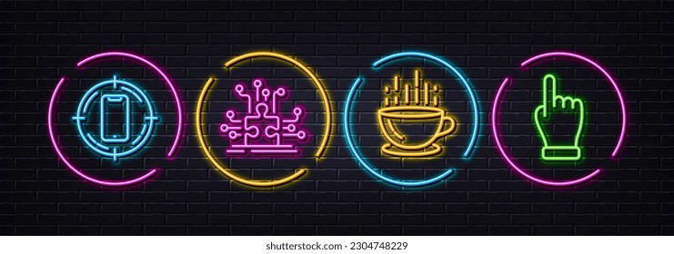 Puzzle options, Coffee cup and Smartphone target minimal line icons. Neon laser 3d lights. Click hand icons. For web, application, printing. Solve jigsaw, Hot drink, Phone. Direction finger. Vector