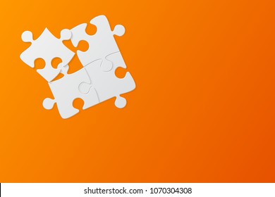 Puzzle orange background, banner, blank. Vector jigsaw section template. Background with puzzle 4 separate pieces, mosaic, details, tiles, parts. Rectangle outline abstract jigsaw. Game group detail.