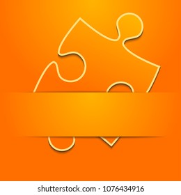 Puzzle orange background, banner, blank. Vector jigsaw section template. Background with puzzle frame separate pieces, mosaic, details, tiles, parts. Square jigsaw. One piece with tape, ribbon.