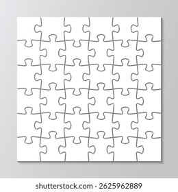 Puzzle outline grid. Jigsaw mosaic layout with 36 separate shapes. Thinking game pieces. Modern puzzle background. Laser cut frame. Vector illustration.