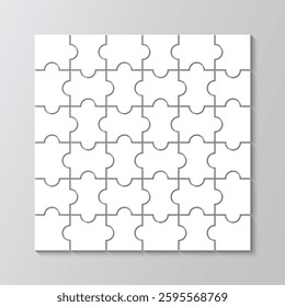 Puzzle outline grid. Jigsaw. Thinking game with 36 pieces. Simple mosaic layout with separate shapes. Modern puzzle background. Laser cut frame. Vector illustration.