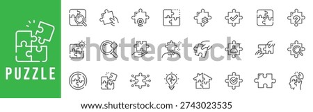 Puzzle outline icon set featuring jigsaw pieces, solution, problem solving, teamwork, search, idea, strategy, editable stroke vector line symbols ui.