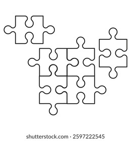 Puzzle outline. Interlocking pieces. Abstract connection shape. Black white design.