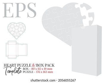 Puzzle and pack holder template, vector with die cut, laser cut lines. White, clear, blank, isolated puzzle heart and pack holder mock up on white background with perspective view. Packaging design