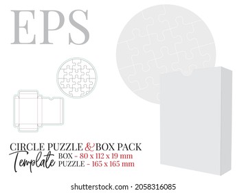 Puzzle and pack holder template, vector with die cut, laser cut lines. White, clear, blank, isolated puzzle circle and pack holder mock up on white background with perspective view. Packaging design