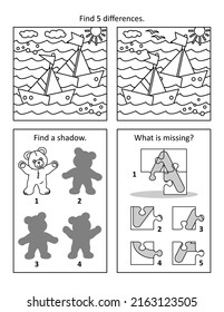 Puzzle page with 3 visual puzzles or picture riddles. Shadow game, missing fragment, find differences. Teddy bear, sailboats regatta, letter A jigsaw. Black and white.
