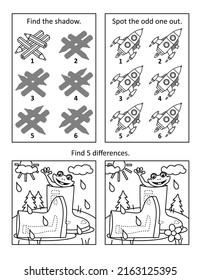 Puzzle page with 3 visual puzzles or picture riddles. Shadow game, odd one out, find differences. Pencils, rockets, gumboots, frog. Black and white. Letter sized.
