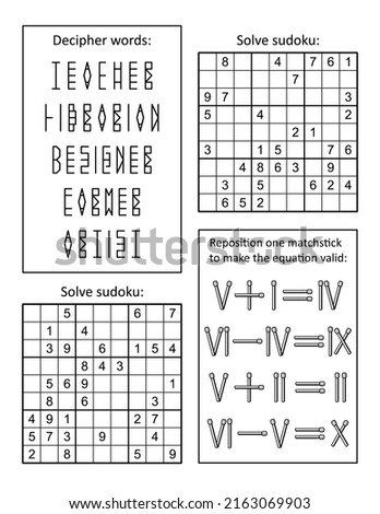 Puzzle page with 4 abstract variety puzzles: decipher coded words; sudoku; roman numerals. Black and white. Letter sized.
