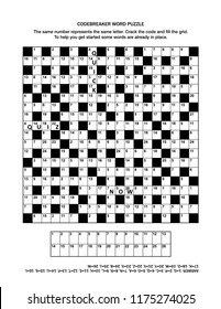 Puzzle page with codebreaker (codeword, code cracker) word game or crossword puzzle for grown-ups. General knowledge, some words already in place, medium level. Answer included.