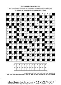 Puzzle page with codebreaker (codeword, code cracker) word game or crossword puzzle for grown-ups. General knowledge, some words already in place, medium level. Answer included.
