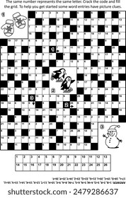 Puzzle page with codebreaker (or codeword, or code cracker) crossword word game with general knowledge entries and 3 winter or Christmas picture clues. Answer included.
