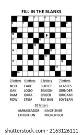 Puzzle page with criss-cross, or fill-in, crossword word game (English language). Comfortable level, large print, family friendly. Letter F as a hint.
