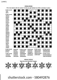 Puzzle page with criss-cross word game (English language) and visual puzzle. Black and white, A4 or letter sized.
