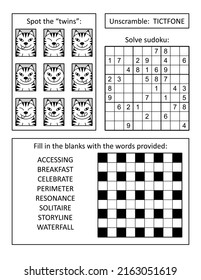 Puzzle page for grown-ups with 4 variety puzzles: two word games, visual riddle and sudoku.
