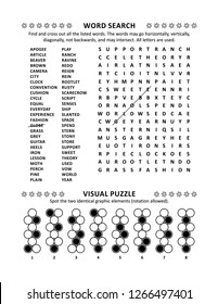 Puzzle page with two brain games: general knowledge non-themed word search puzzle (English language) and visual puzzle.  Black and white, A4 or Letter sized.