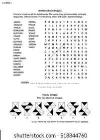 Puzzle Page With Two Brain Games: Birds Themed Word Search Puzzle (English Language) And Visual Puzzle.  Black And White, A4 Or Letter Sized. Answer Included.
