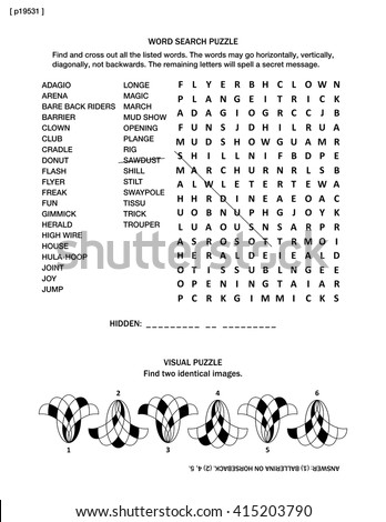 Puzzle page with two brain games: word search puzzle (English language) and visual puzzle.  Black and white, A4 or letter sized. Answer included.

