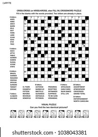 Puzzle page with two games: 19x19 fill-in (or criss-cross, else kriss-kross) crossword puzzle (English language) and visual puzzle with whimsical faces. Black and white, A4 or letter sized.