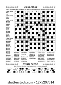 Puzzle page with two puzzles: 19x19 criss-cross (kriss-kross, fill in the blanks) crossword word game (English language) and abstract visual puzzle. Black and white, A4 or Letter sized.