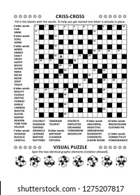 Puzzle page with two puzzles: 19x19 criss-cross (kriss-kross, fill in the blanks) crossword word game (English language) and abstract visual puzzle. Black and white, A4 or Letter sized.