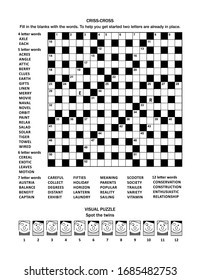 Puzzle page with two puzzles: 19x19 criss-cross (fill-in) crossword word game (English language) and visual puzzle with whimsical faces. Black and white, A4 or Letter sized. 