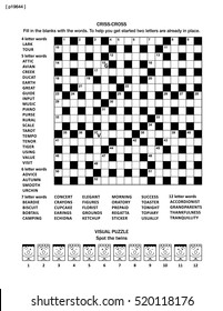 Puzzle page with two puzzles: 19x19 criss-cross word game (English language) and visual puzzle with whimsical faces.  Black and white, A4 or letter sized. Answers are on separate file named p19646.
