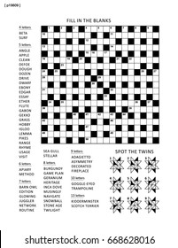 Puzzle page with two puzzles: 19x19 word game (English language) and abstract visual puzzle. Black and white, A4 or letter sized.